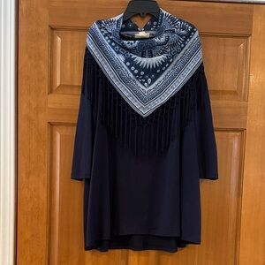 Like New! Women’s size L, Style & Co. Fringed Scarf Neck 3/4 Sleeve Blue Tunic!